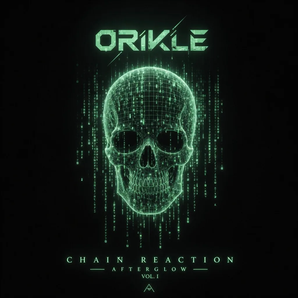 Chain Reaction cover art: a green wireframe skull dissolving into falling code