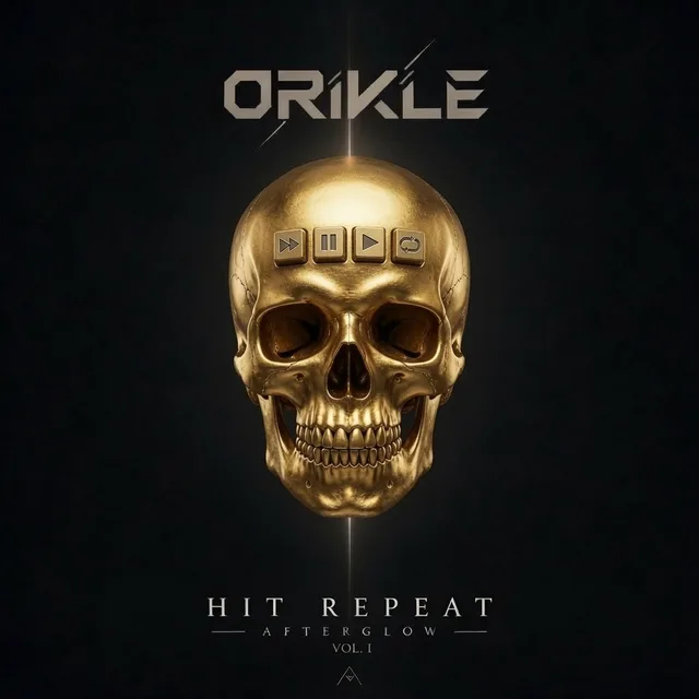 Hit Repeat teaser art: a gold skull with rewind, pause, play and repeat keys set into its forehead, from the Afterglow Vol. I series
