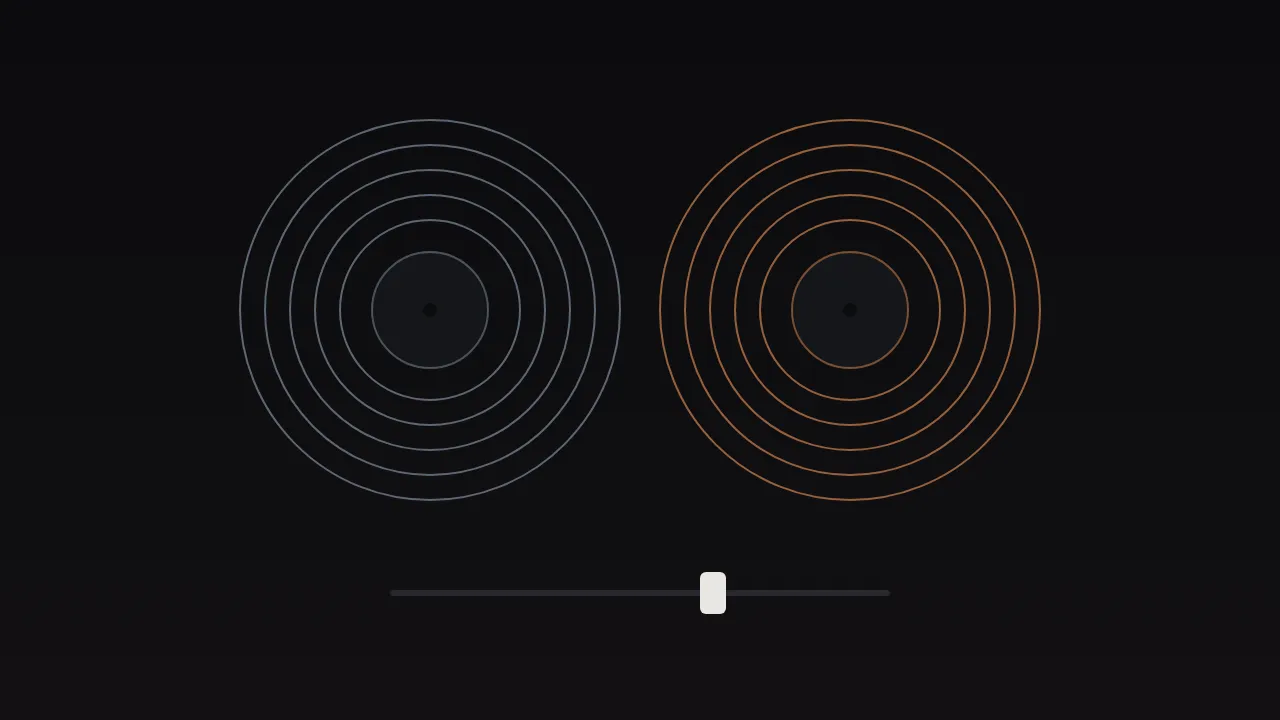 Two abstract turntables, one cool and one warm, above a crossfader