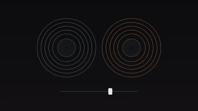 Two abstract turntables, one cool and one warm, above a crossfader