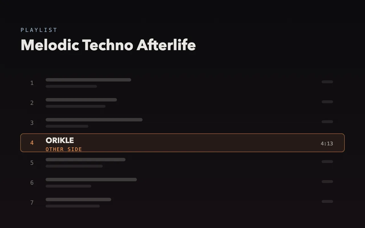 Playlist graphic for Melodic Techno Afterlife with ORIKLE's Other Side highlighted at track four