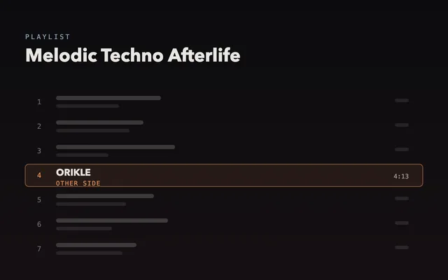 Playlist graphic for Melodic Techno Afterlife with ORIKLE's Other Side highlighted at track four