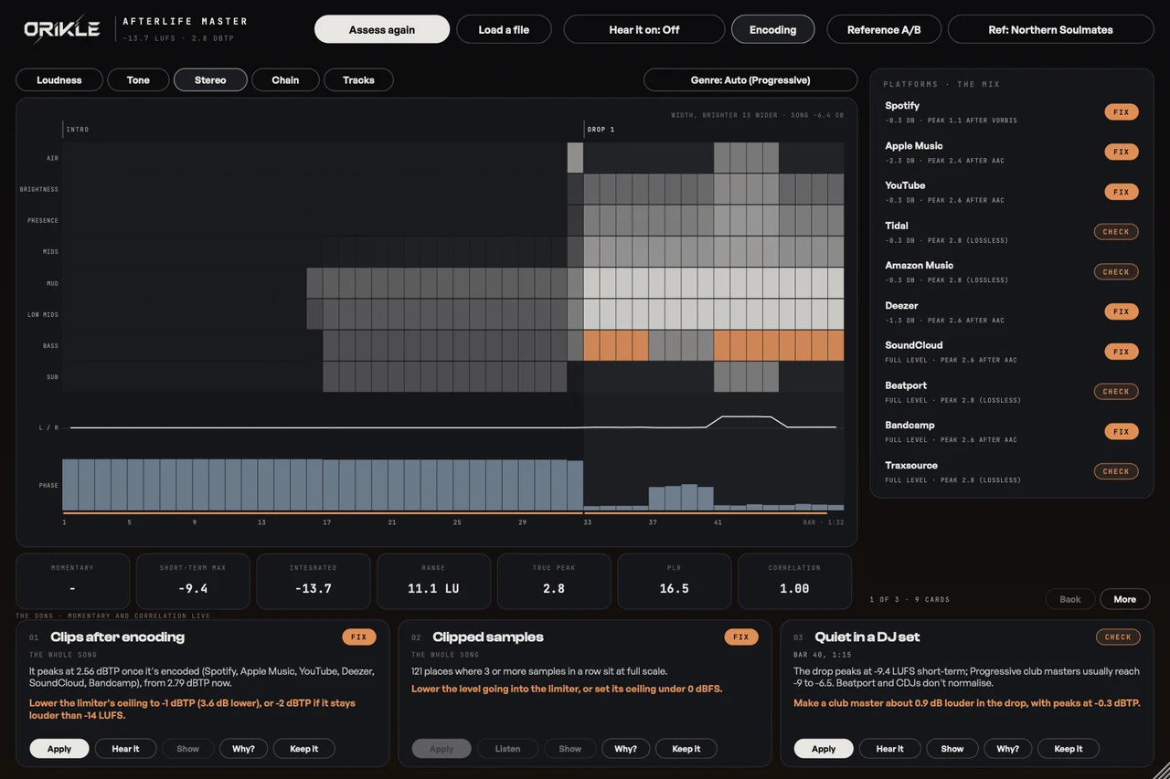 Afterlife Master's stereo page: eight frequency bands from sub to air shown bar by bar, brighter meaning wider, with a wide low end highlighted in orange in the drop, and the left-right balance and phase underneath