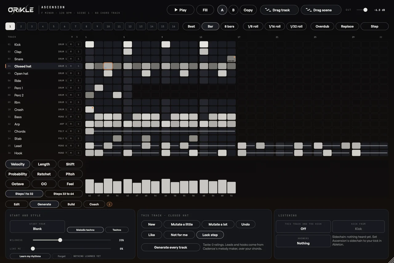 Ascension's Generate page with a melodic techno pattern written across all 16 tracks, the style set to melodic techno and controls for wildness, mutate, lock step and teaching it your taste
