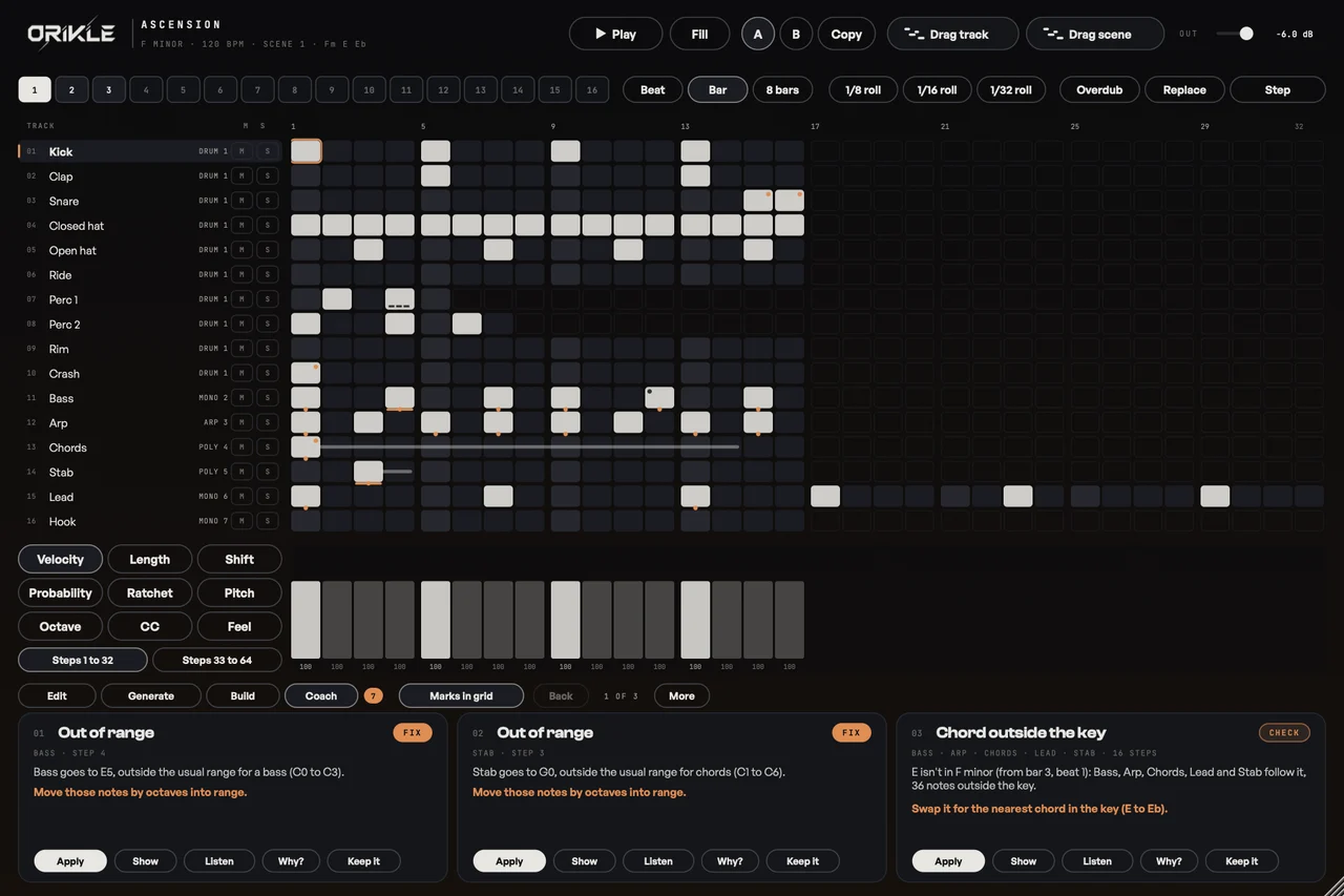 Ascension's Coach page with seven findings, showing cards for a bass out of range, a stab out of range and a chord outside the key, each with Apply, Show, Listen, Why and Keep it buttons