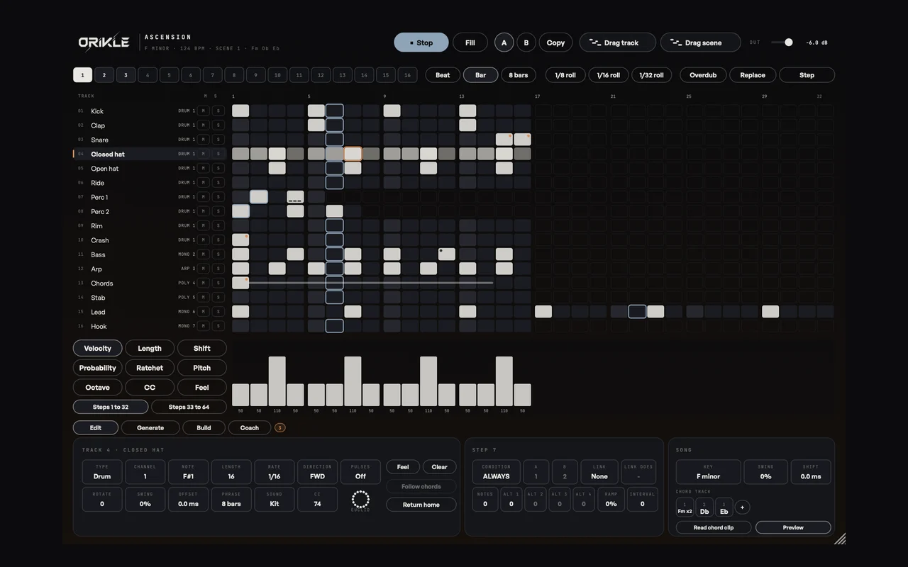 ORIKLE Ascension: a 16-track step sequencer grid with kick, clap, snare, hats, bass, arp, chords, stab, lead and hook rows