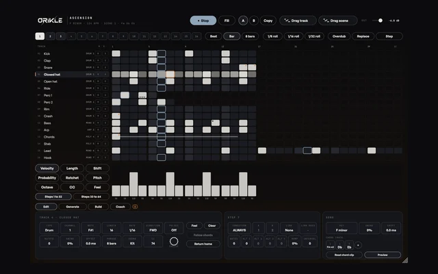 ORIKLE Ascension: a 16-track step sequencer grid with kick, clap, snare, hats, bass, arp, chords, stab, lead and hook rows