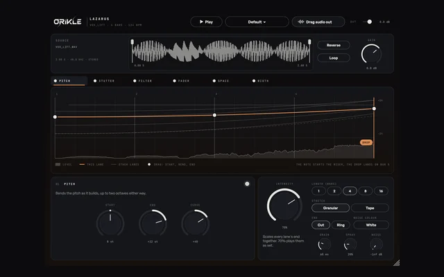 ORIKLE Lazarus: a loaded vocal sample at the top, six lane tabs, and a 4 bar timeline with an orange automation curve building towards a DROP marker