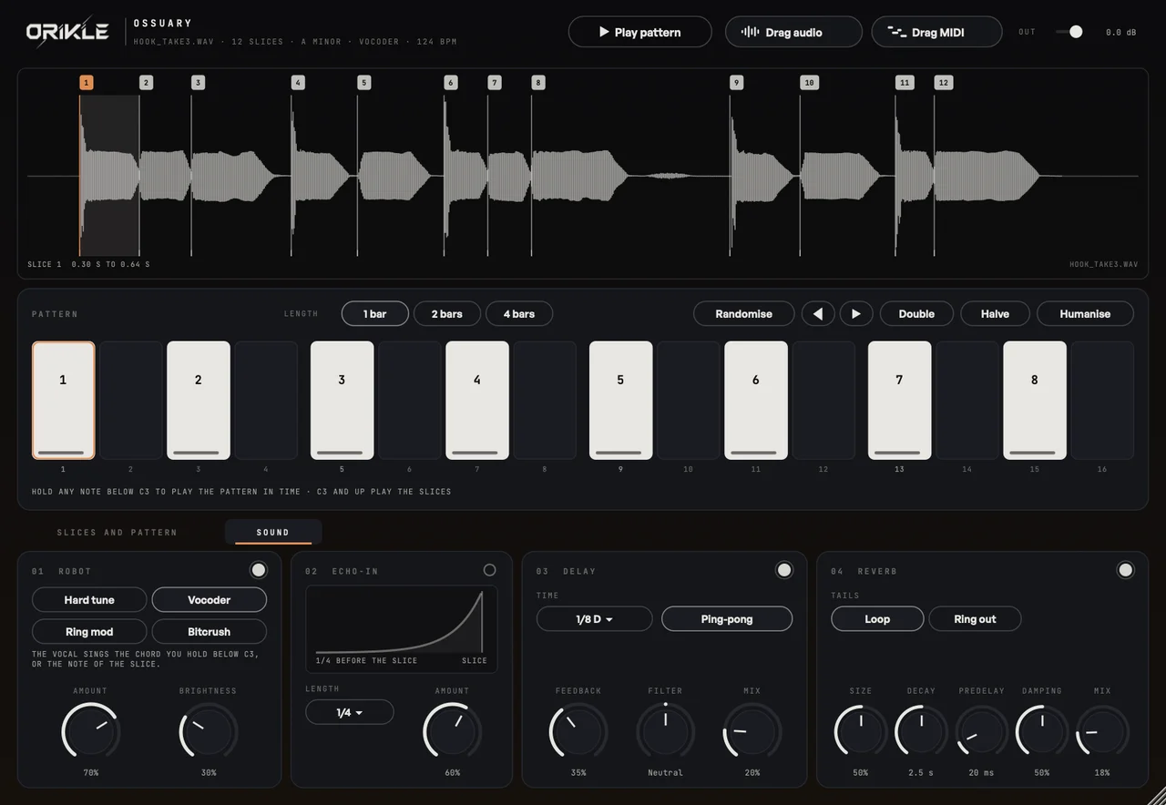 Ossuary's Sound page with the vocoder switched on, alongside effect cards for the other robot modes, echo-in, delay and reverb