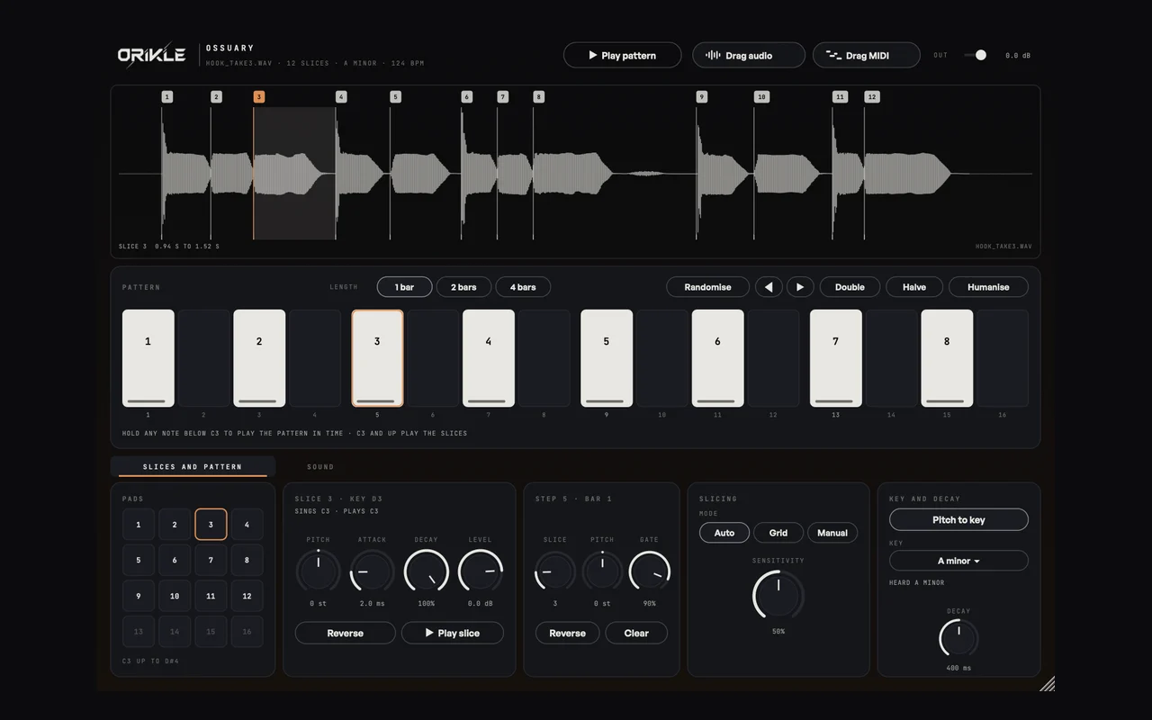 ORIKLE Ossuary: a vocal waveform cut into 12 numbered slices above a 16-step pattern of slice numbers and a set of pads