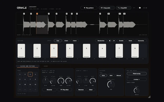 ORIKLE Ossuary: a vocal waveform cut into 12 numbered slices above a 16-step pattern of slice numbers and a set of pads