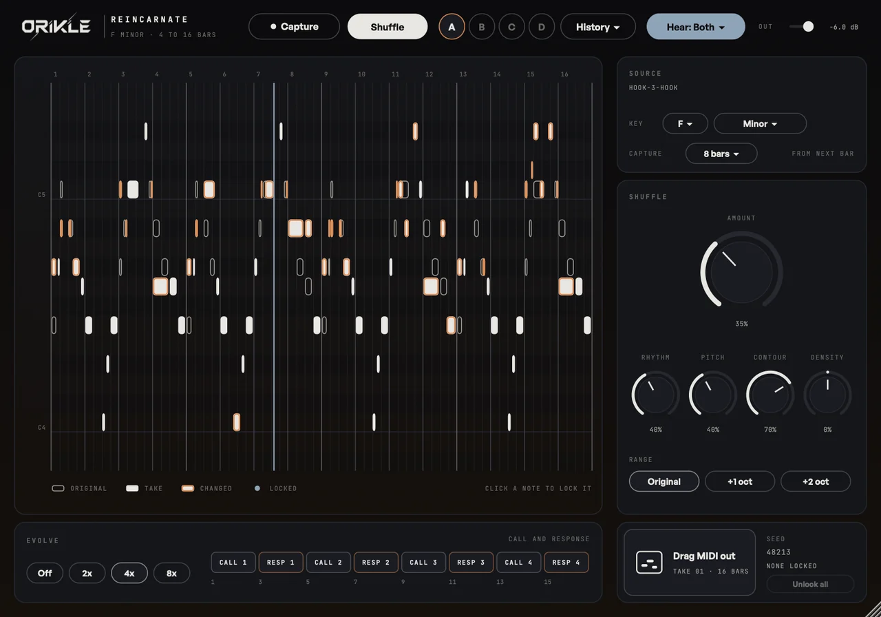Reincarnate's Evolve set to 4x, stretching an 8 bar hook into 16 bars labelled call 1, response 1 through call 4, response 4