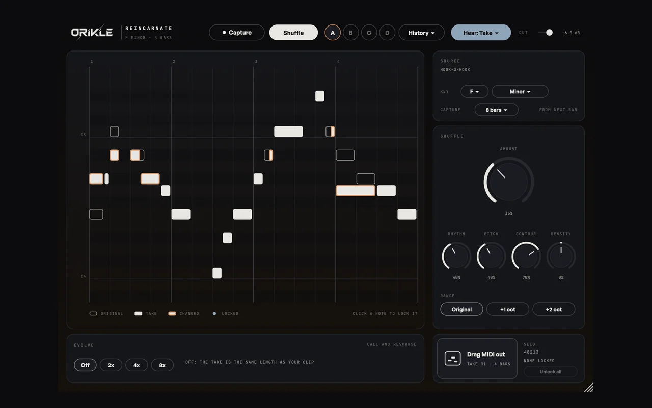 ORIKLE Reincarnate: a piano roll showing an original MIDI hook with the changed notes of a new take highlighted in orange