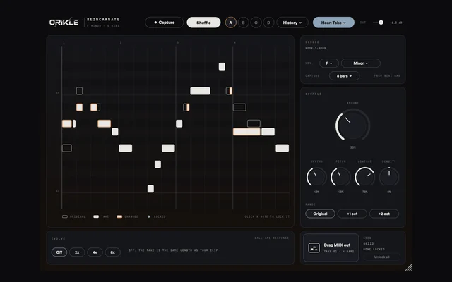 ORIKLE Reincarnate: a piano roll showing an original MIDI hook with the changed notes of a new take highlighted in orange