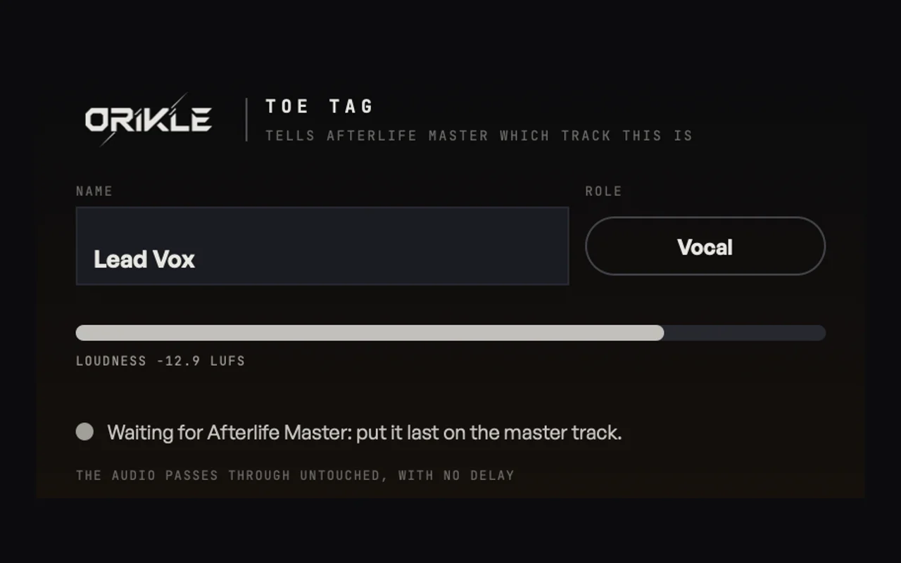ORIKLE Toe Tag: a small window with the track name Lead Vox, the role Vocal, a loudness meter and a status waiting for Afterlife Master