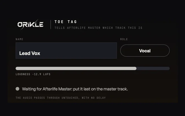 ORIKLE Toe Tag: a small window with the track name Lead Vox, the role Vocal, a loudness meter and a status waiting for Afterlife Master