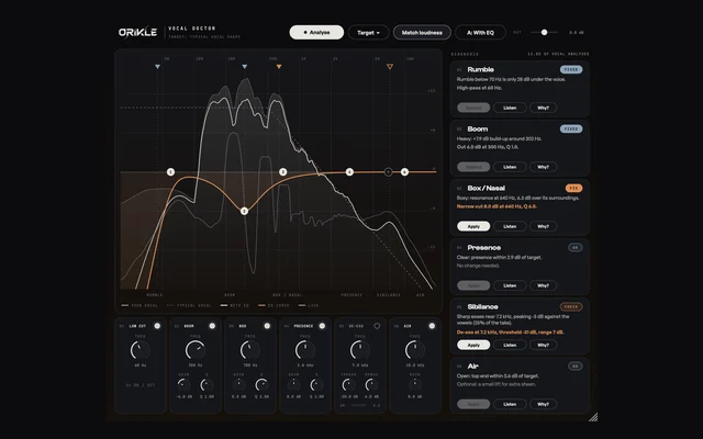 ORIKLE Vocal Doctor: a vocal's spectrum against a typical vocal shape, an EQ curve, six EQ bands and a column of diagnosis cards