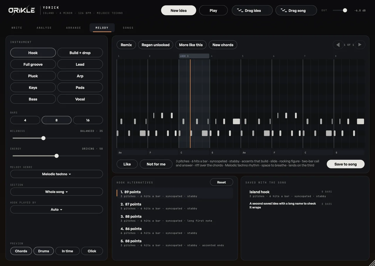 Yorick's Melody page making an 8 bar melodic techno hook in A minor over Am, F, C and G, with bar 3 locked, a description of the hook and a ranked list of five alternatives
