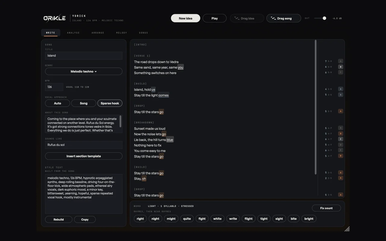 ORIKLE Yorick: five pages for writing, analysing, arranging, melodies and songs, here showing a lyric with syllable counts and rhymes