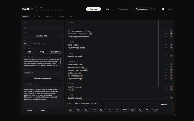 ORIKLE Yorick: five pages for writing, analysing, arranging, melodies and songs, here showing a lyric with syllable counts and rhymes